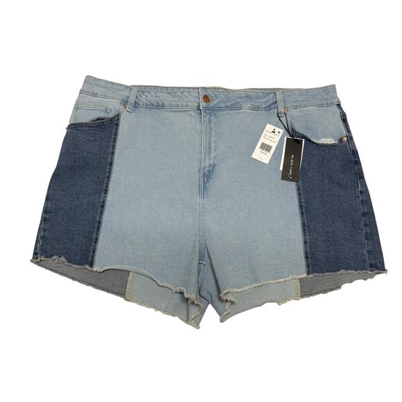 Two Tone Denim Jean Shorts Black Tape Size 24 Colorblock Raw Hem New - Picture 1 of 7